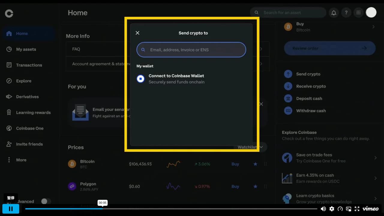 Offizielles Coinbase-Desktopvideo mit Empfängerfeld für „Krypto senden“