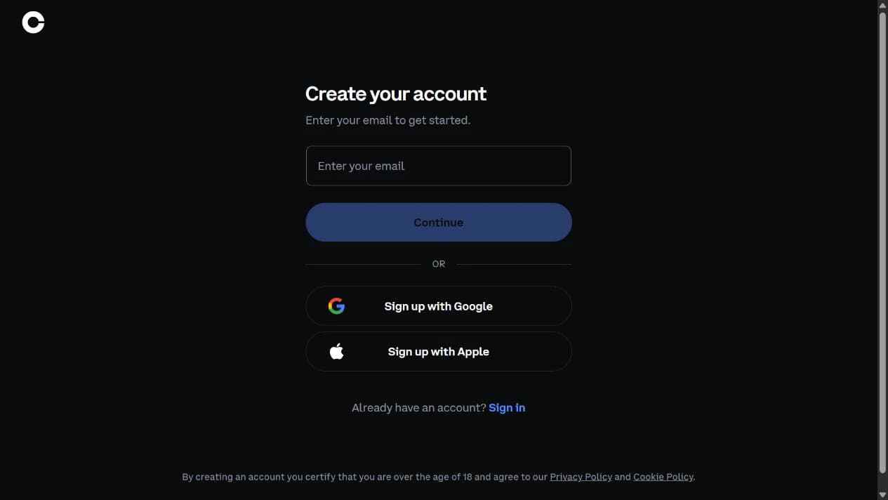 Offizielle Coinbase-Seite zur Kontoerstellung mit E-Mail-Feld und Schaltfläche „Weiter“