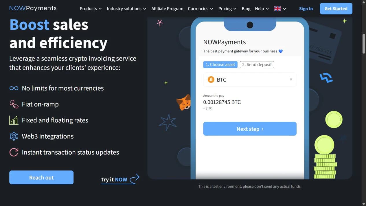 Offizielle NOWPayments-Testrechnung mit ausgewähltem Bitcoin, exaktem Betrag und Schaltfläche für den nächsten Schritt