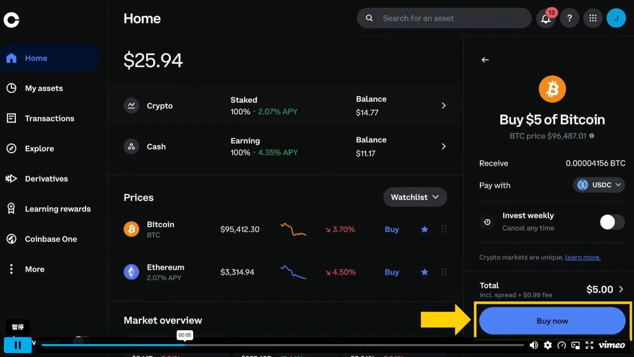 Offizielles Coinbase-Desktopvideo mit Prüfung eines Bitcoin-Kaufs für fünf Dollar