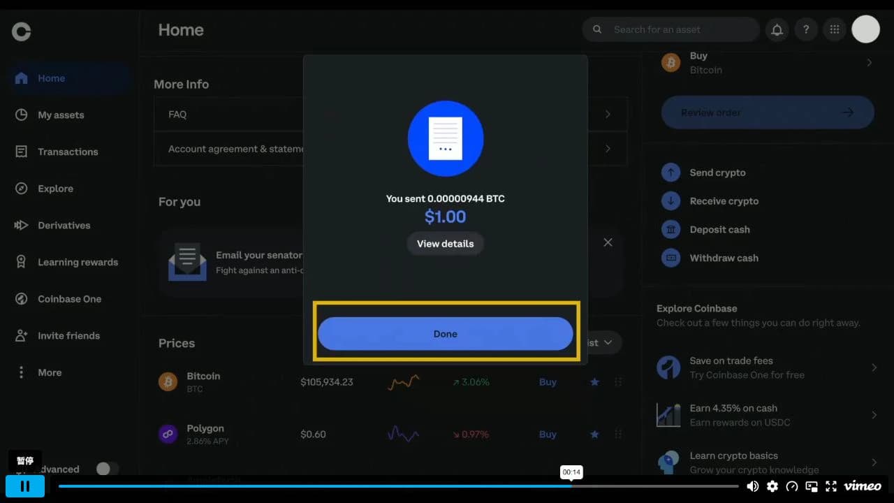 Offizielles Coinbase-Desktopvideo mit abgeschlossenem Bitcoin-Versand über einen Dollar